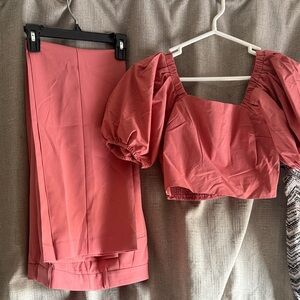 Express Coral Puff Sleeve Crop Top and High rise Trousers  Set S